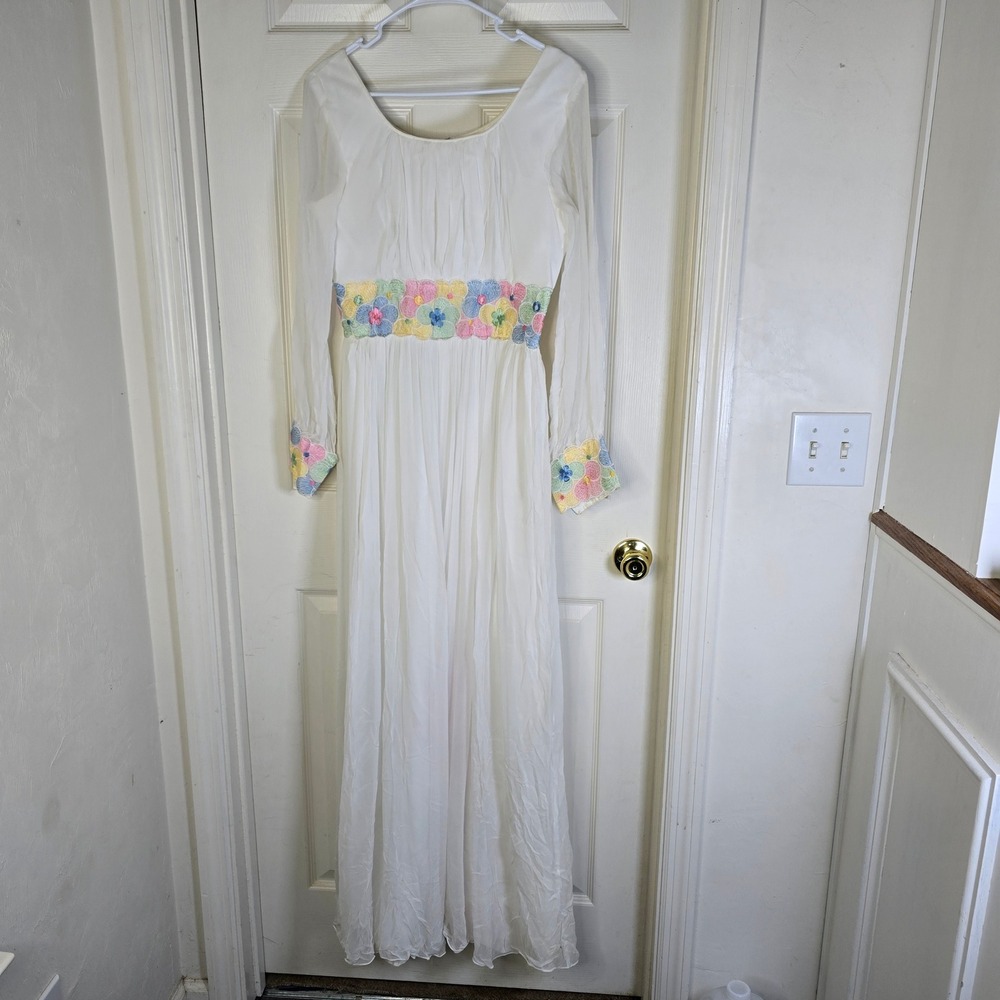 Vintage 70s white chiffon‎ wide leg jumpsuit womens